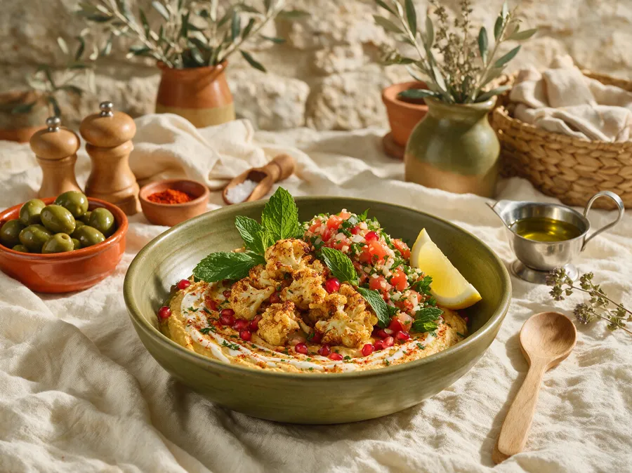 Bowl végétarien : houmous, chou-fleur rôti, taboulé et grenade