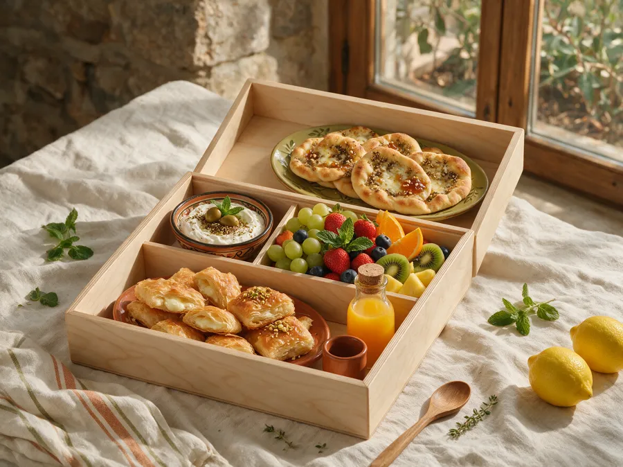 Brunch Box Qalya : labneh, manakish, fruits frais et pâtisserie