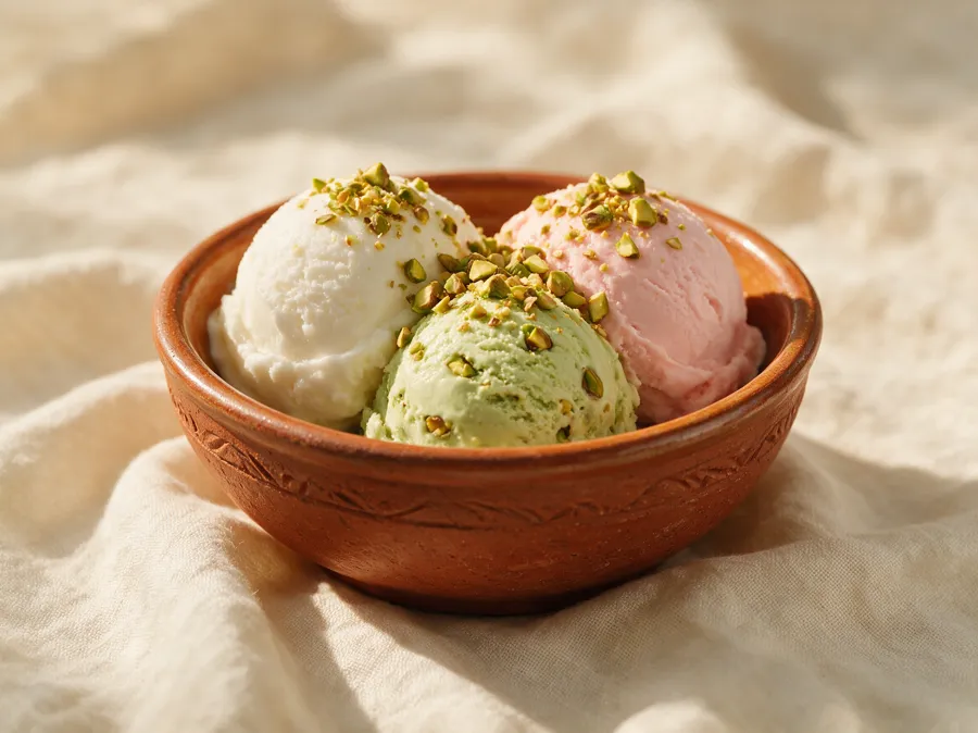Glace achta aux éclats de pistache