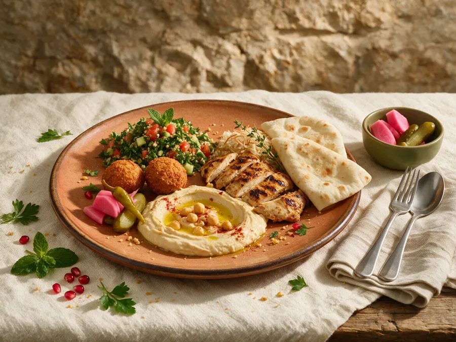 Plateau repas Le Qalya : houmous, taboulé, falafels, chawarma et pain libanais