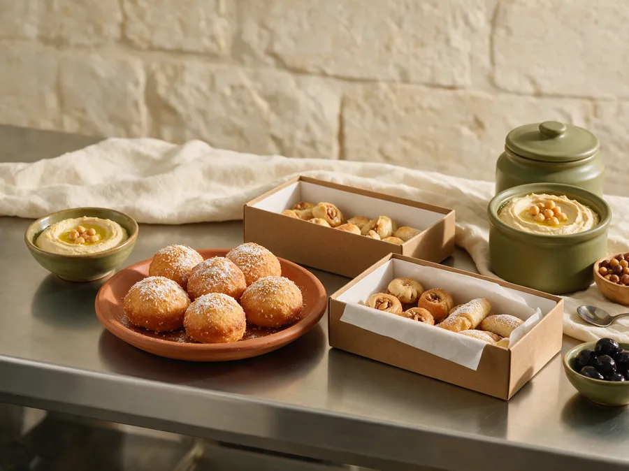 Catalogue mezzés professionnels : beignets congelés et houmous en pots