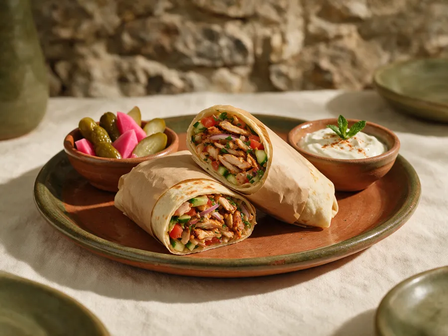Chawarma poulet en wrap, pickles et sauce à l'ail